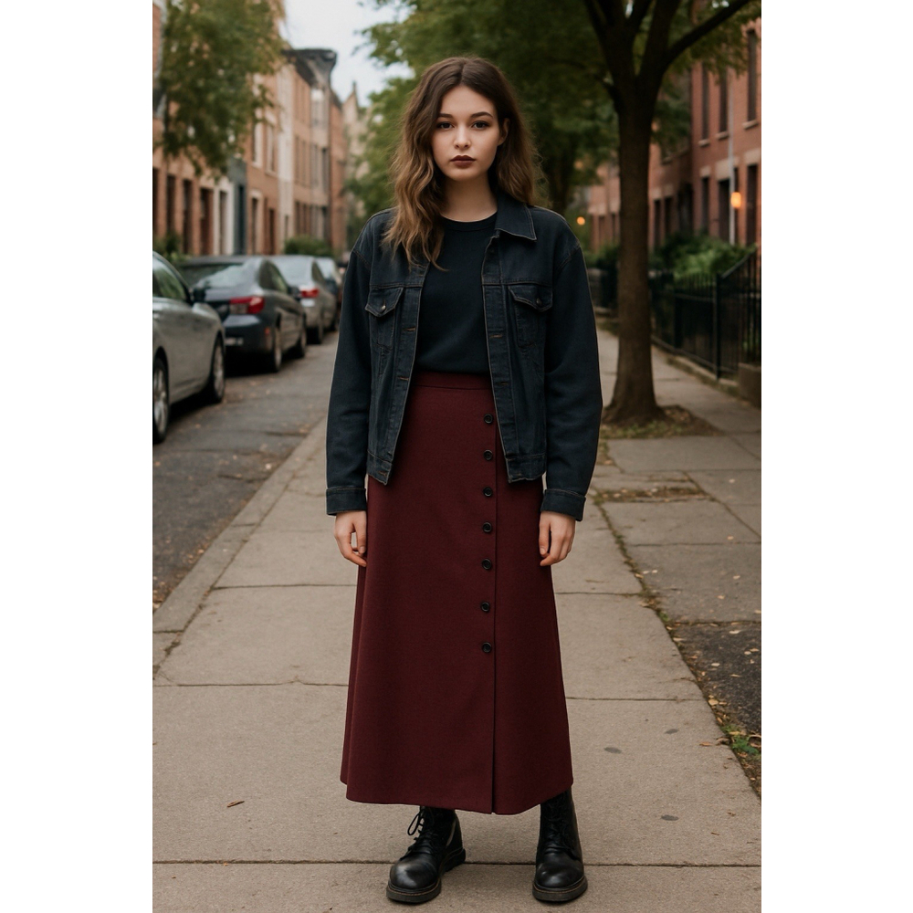 Vtg 80’s Women’s L Burgundy Houndstooth Skirt Button Front Maxi Dark Academia